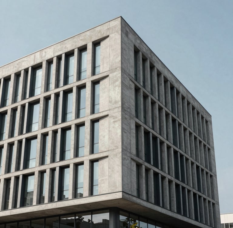 Sharp architectural angle of a modern minimalist concrete and steel corporate headquarters, cool indirect daylight, high contrast, clean lines.