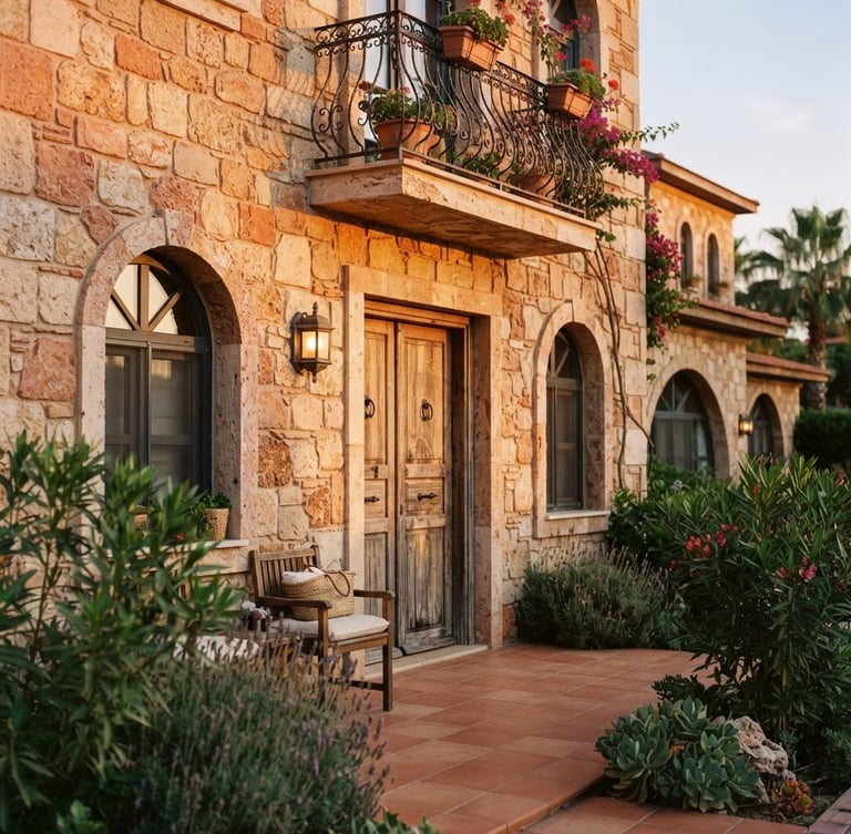 Warm architectural photography of a boutique hotel stone facade in Belek, golden hour sunlight casting soft shadows, 35mm