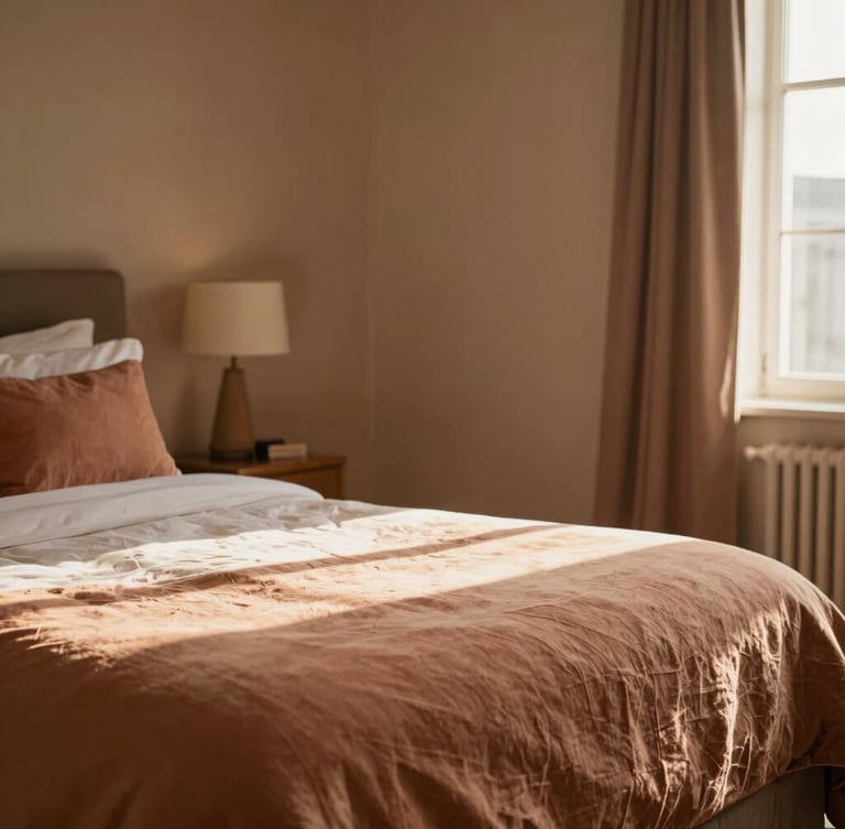 Warmly lit boutique hotel room interior, soft terracotta and beige linen on a comfortable bed, sunlight streaming through a window, 35mm editorial photography