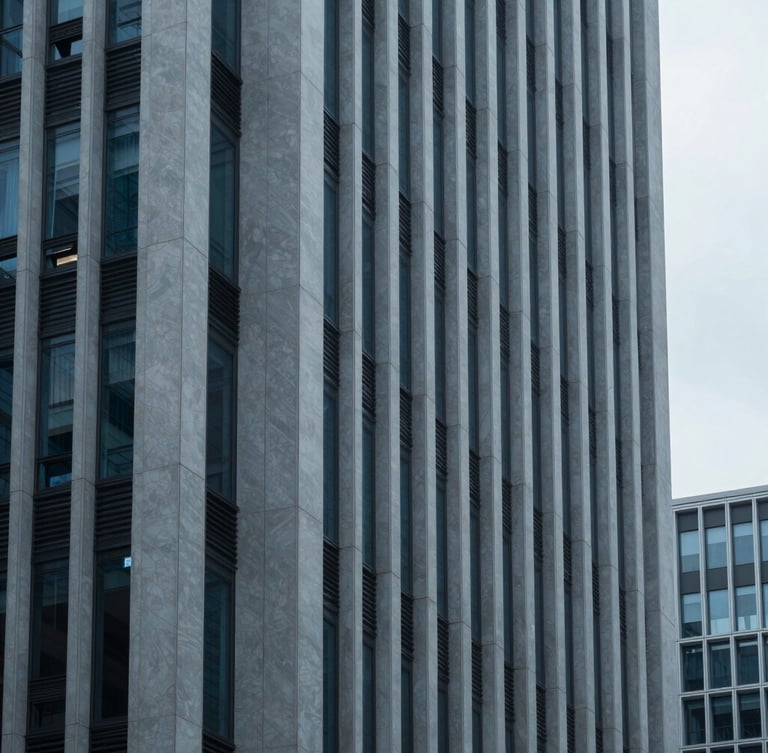 Editorial architectural photography of a modern financial district building facade with sharp geometric shadows, desaturated blue and slate tones, cool overcast daylight, 35mm lens
