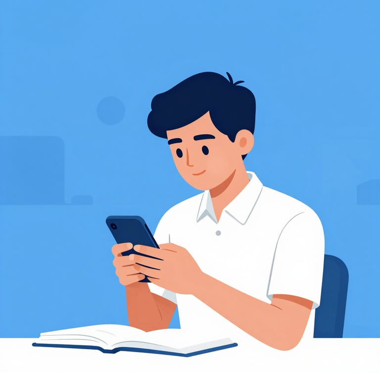 Clean flat vector illustration of an Indian student studying on a mobile phone under bright daylight, minimalist geometric shapes, blue and white accents