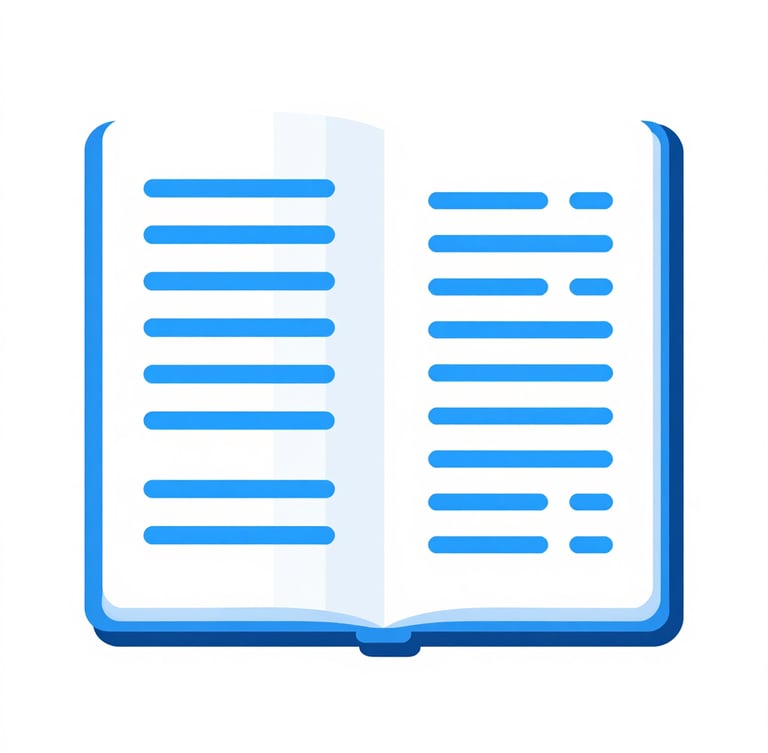 Clean flat vector illustration of an open digital notebook with glowing blue text nodes, minimalist geometric shapes, crisp digital art style