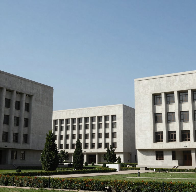 Wide-angle architectural perspective of Islamabad's administrative zone, clean modern concrete institutional facades under bright daylight, cool tones.