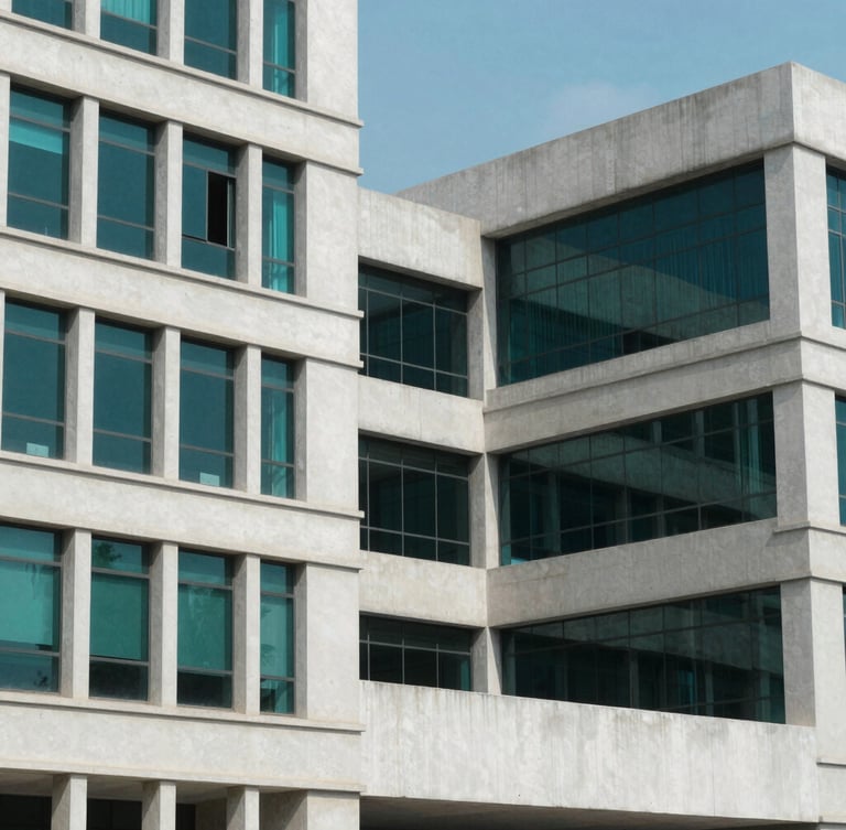 Architectural details of Islamabad's institutional buildings, clean lines, concrete and glass facade, bright natural daylight, cool tones, 35mm