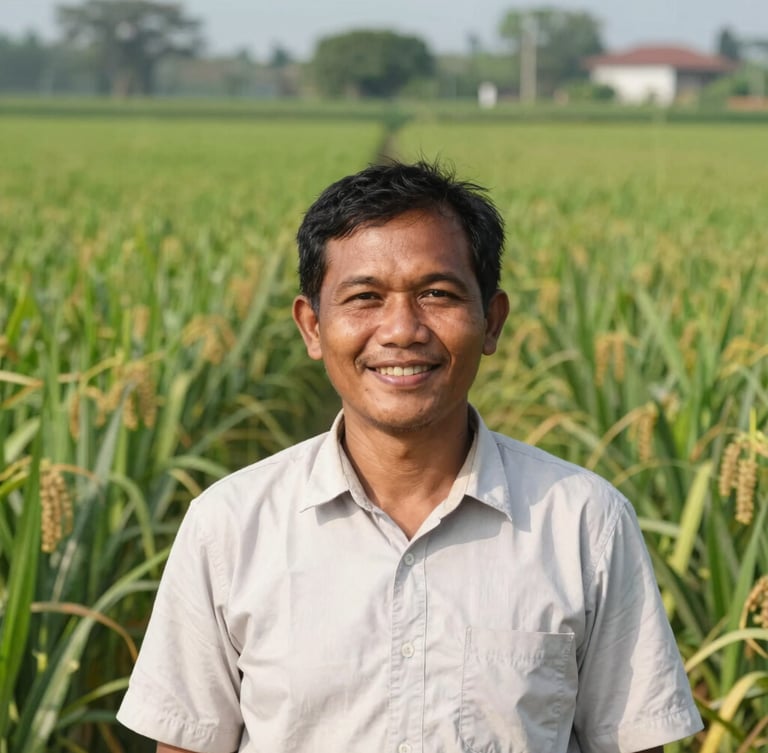 Potret seorang petani Indonesia yang tersenyum di tengah ladang jagung saat siang hari, fokus pada wajah dan ekspresi kebanggaan, latar belakang ladang yang hijau.