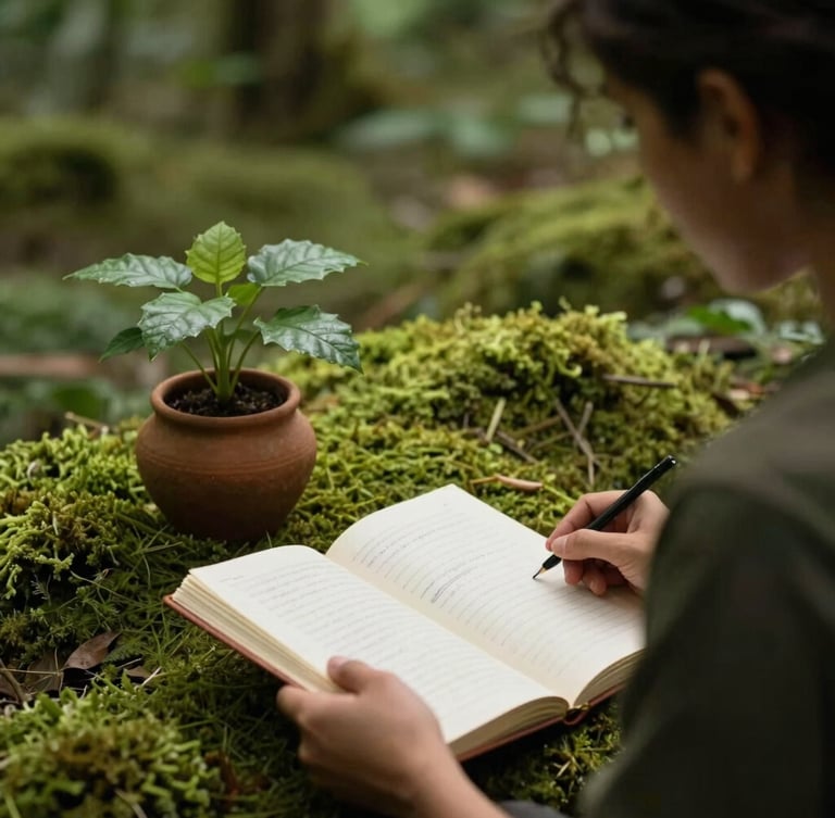Uma pessoa de perfil, em silhueta, em um momento de introspecção, observando um caderno aberto com anotações e um pequeno vaso de planta, luz natural suave, tons de verde-musgo e marrom-argila, aspecto retrato, warm editorial photography, soft diffused daylight, earthy forest green and rich brown tones, shallow depth of field, 35mm