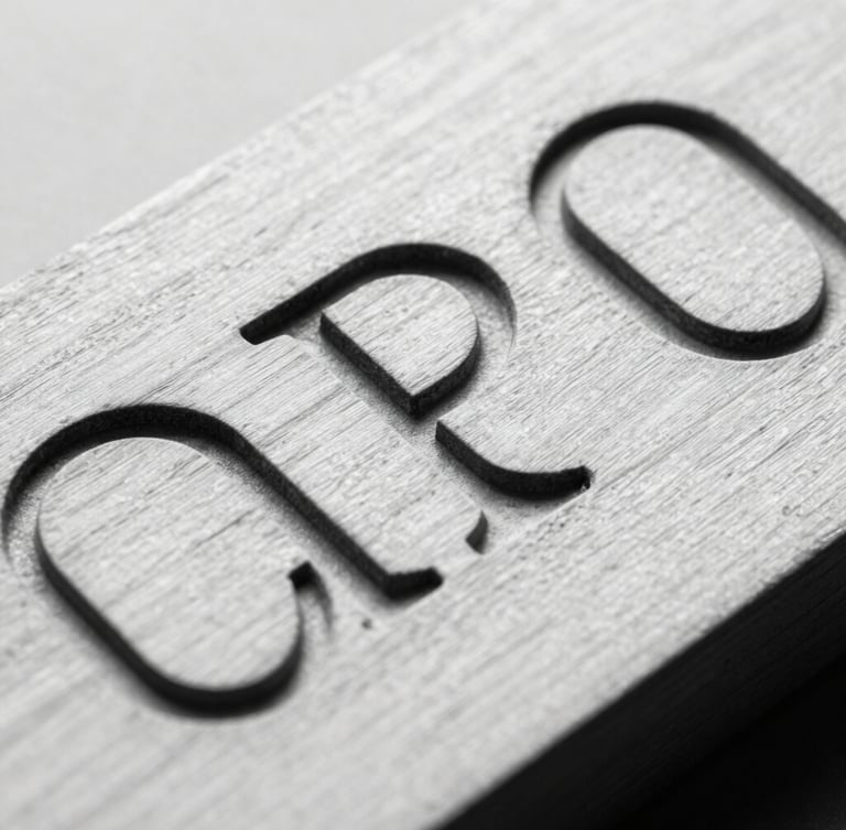 Extreme close-up of sharp, deeply engraved sans-serif typography on a pale maple wood surface, clinical studio lighting, harsh contrast.