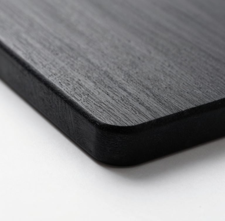 Stark minimalist macro shot of a black engraved hard maple cutting board edge, sharp studio lighting, deep shadows, clinical white background