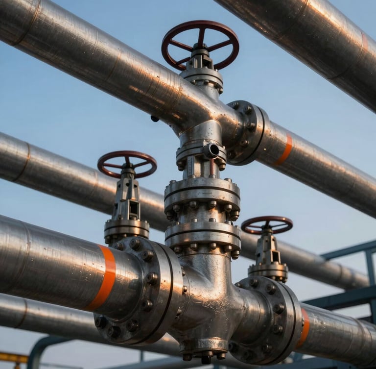 Tight macro shot of heavy industrial steel pipeline manifolds and valves, crisp daylight, high contrast metallic textures, safety orange indicator lines