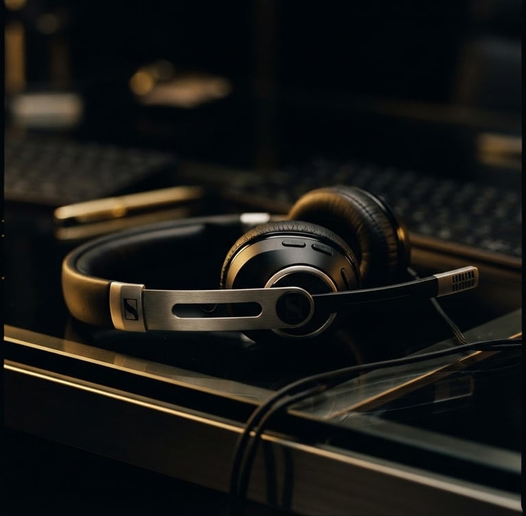 A close-up of high-end communication equipment, a professional headset resting on a clean metallic and glass desk, low-key dramatic gold lighting, shallow depth of field, 35mm