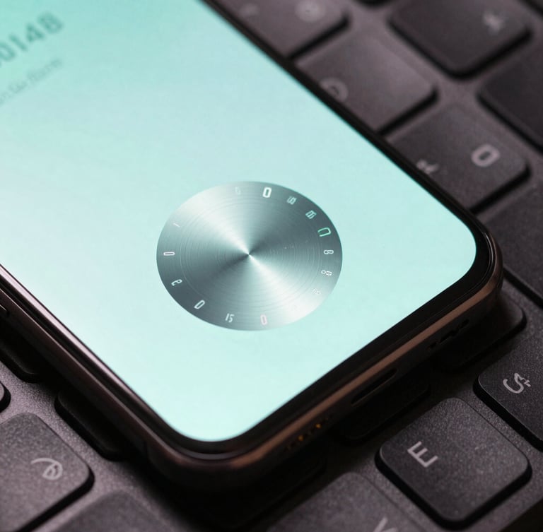 Extreme macro top-down view of a premium dark Android phone screen displaying a tactile countdown timer dial, sharp contrast, neon-mint screen glow casting onto a mechanical keyboard.