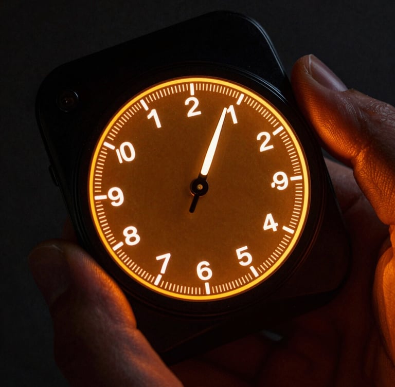 Extreme close-up macro of a premium Android screen displaying a glowing amber countdown dial, sharp OLED contrast, low-key dramatic studio lighting casting orange glow onto hands.