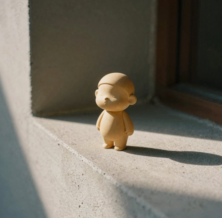 Close-up architectural shot of a warm resin figurine catching soft afternoon sunlight on a concrete ledge, long shadows, muted earthy tones, medium format film.