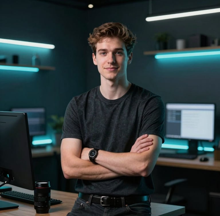 Warm-lit professional portrait of a young tech founder in a dark modern workspace, high-contrast studio lighting with subtle cyan backlights, 35mm lens