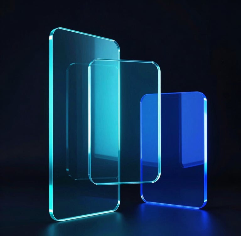 Abstract 3D glass shapes reflecting bright cyan and electric blue light, high-contrast dark studio lighting