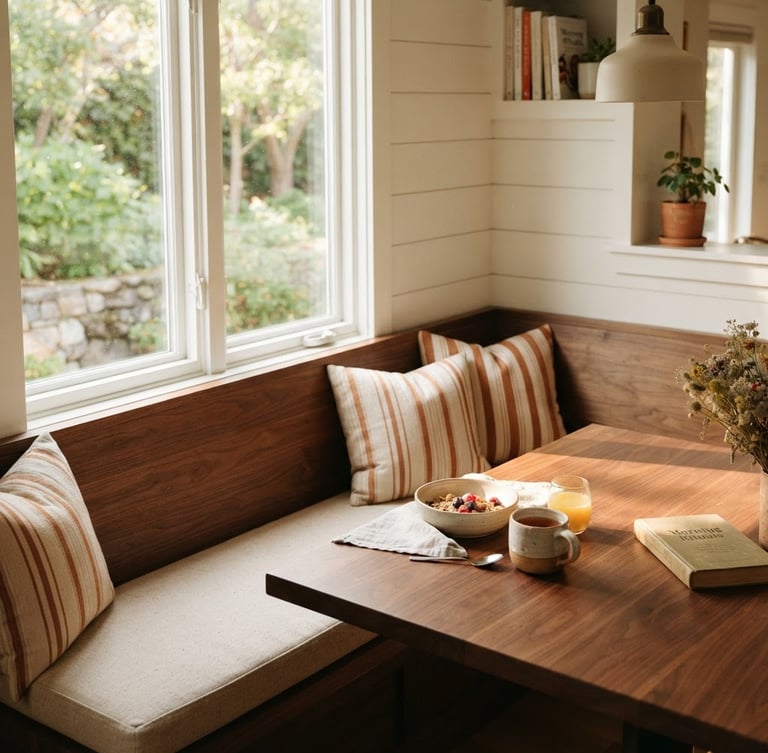 A warm sunlit breakfast corner nook with rich walnut wood tones, structured oatmeal textile cushions, morning sun streaming through a kitchen window, shallow depth of field, warm editorial photography