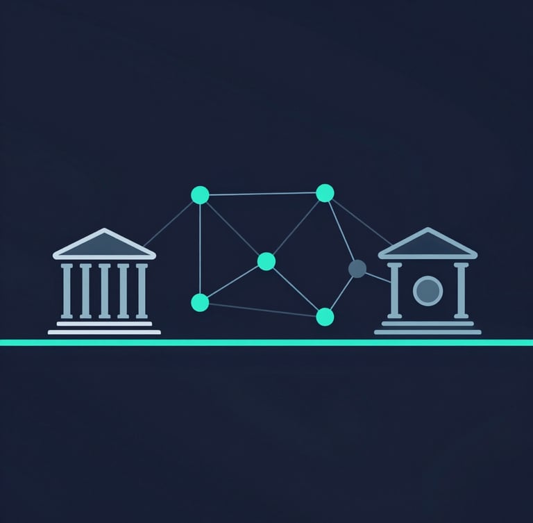 Minimalist vector diagram showing a structured bridge between traditional banking pillars and a distributed ledger network, deep slate and electric teal, flat design