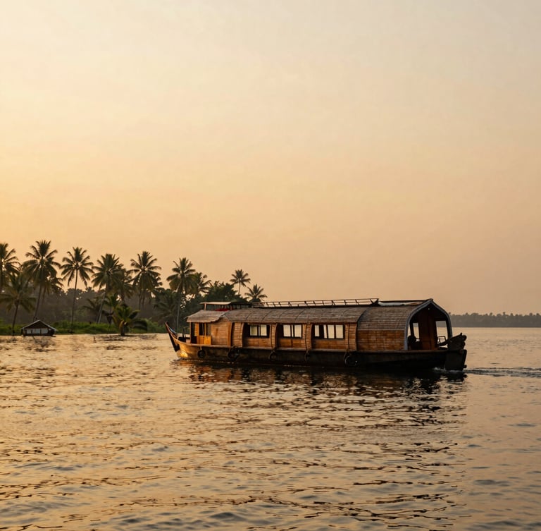 A premium wooden houseboat floating on the calm backwaters of Kerala at sunset, warm golden light reflecting off the water, coconut trees lining the distant shore, wide angle