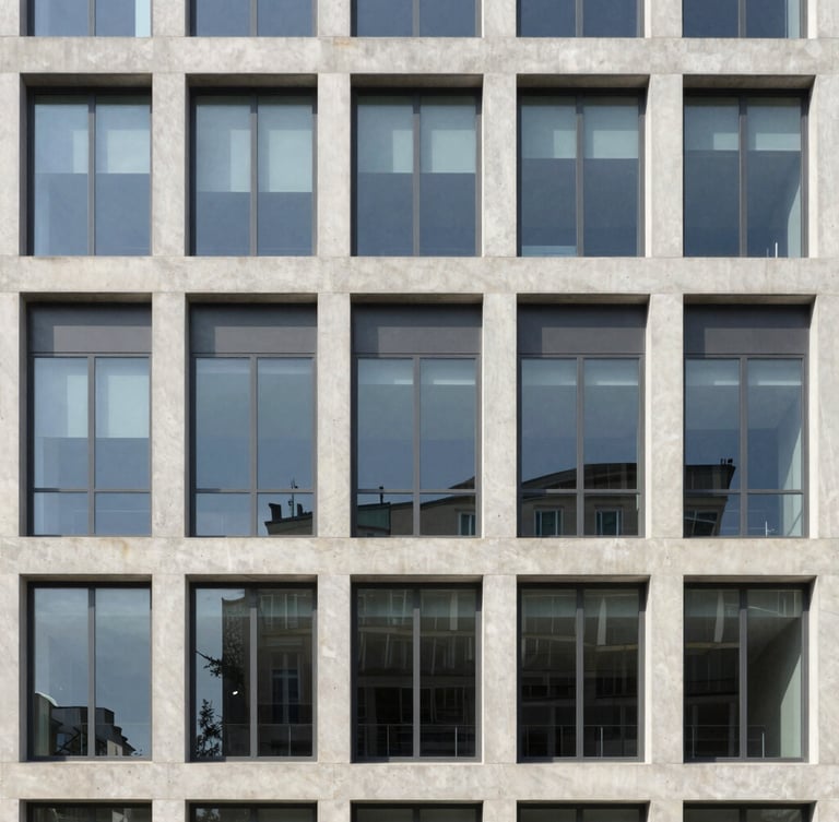 A sharp straight-on architectural shot of a modern concrete and glass office building facade under bright natural daylight, neutral muted tones