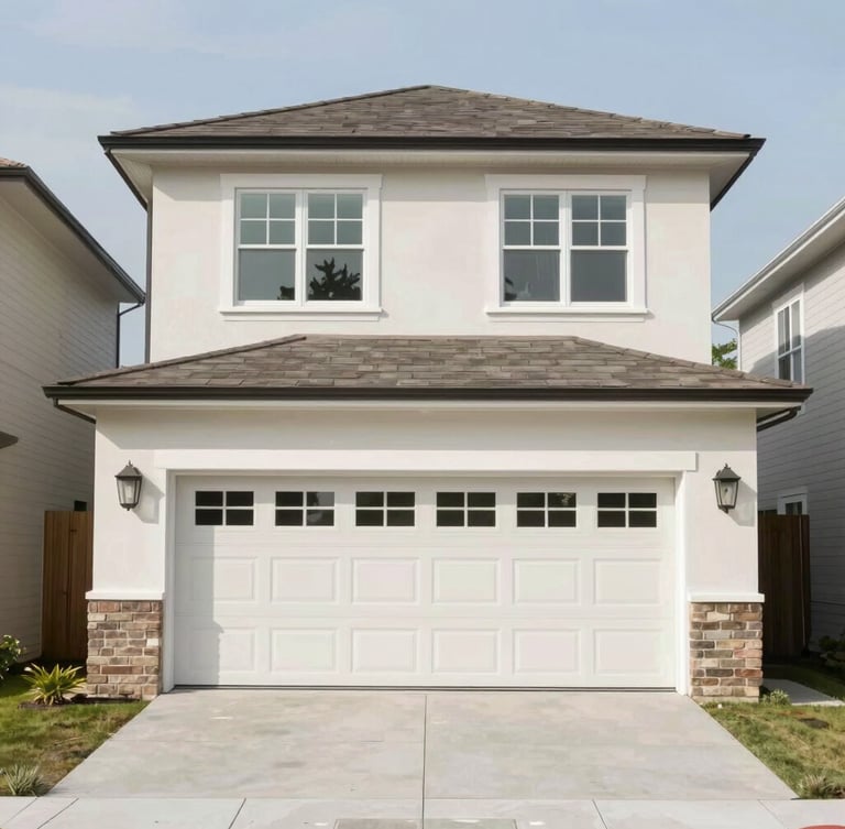 A straight-on architectural exterior of a clean, modern suburban home, bright natural daylight, neutral muted tones, sharp focus.