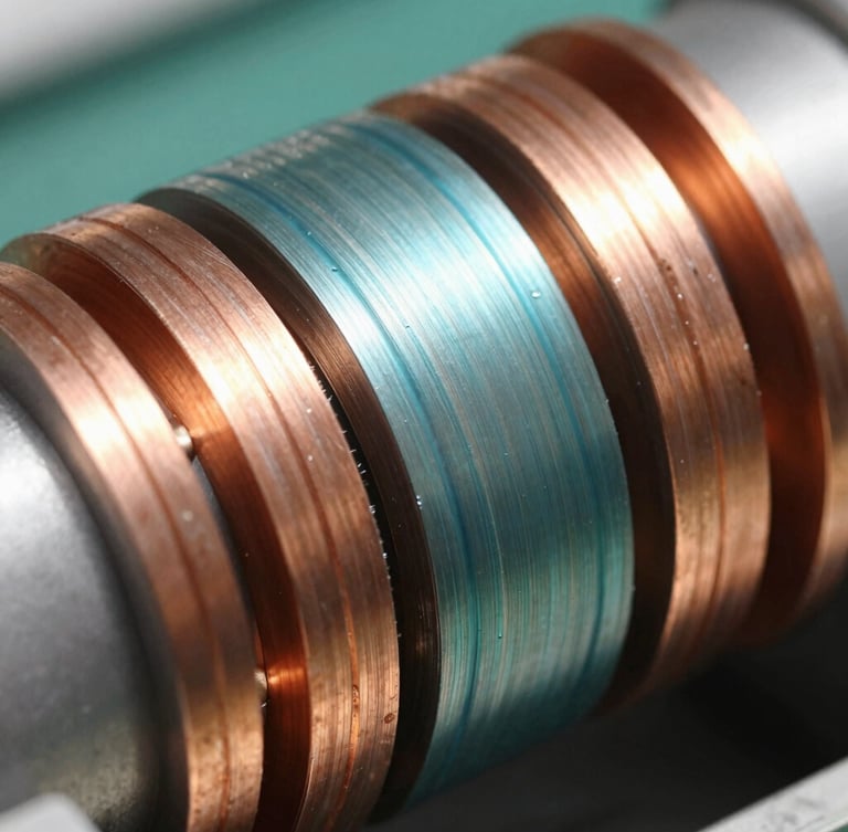 Macro close-up of a high-precision copper motor winding, bright natural daylight, metallic textures with subtle turquoise highlights, professional 35mm lens