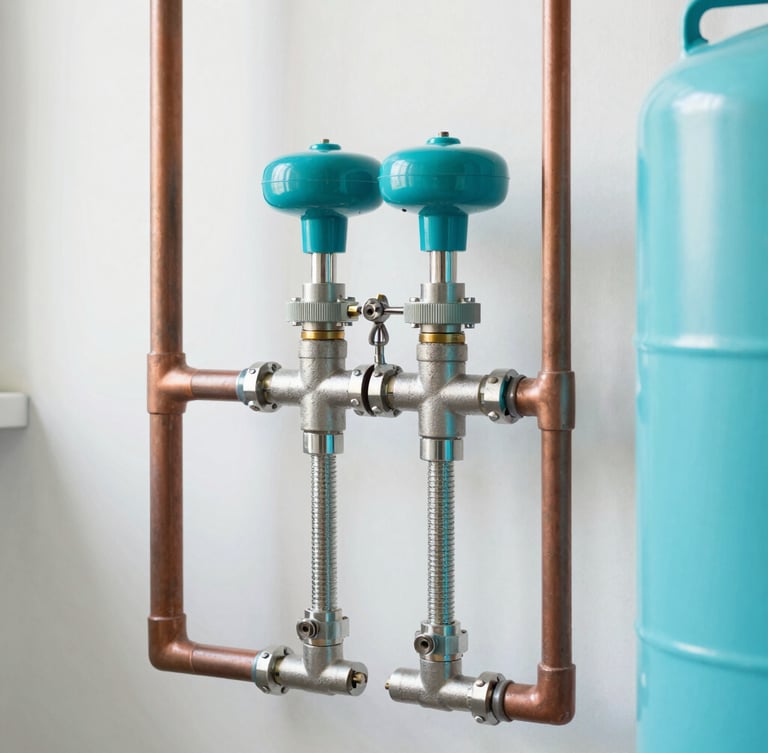 Modern domestic water pressure system installed in a clean residential utility room, copper pipes, turquoise pressure tank, crisp daylight