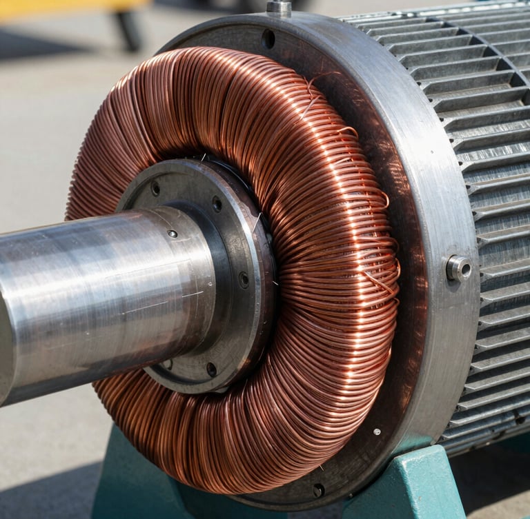 Macro close-up of heavy copper wire coils being wound onto a massive industrial electric motor stator, bright daylight, metallic textures, professional 35mm lens