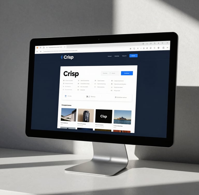 Crisp, high-contrast daylight mockup of a digital brand interface on a sleek monitor, sharp architectural shadows, cool undertones, modern Miami studio setting.