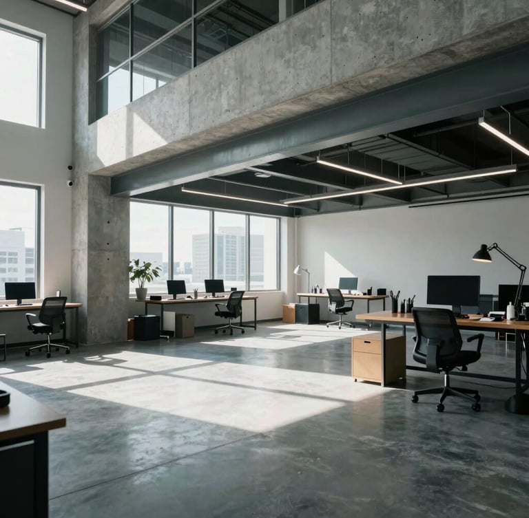 Wide environmental shot of a modern Miami creative studio workspace, crisp daylight with cool undertones, architectural lines of concrete and steel, high-contrast shadows, no people.