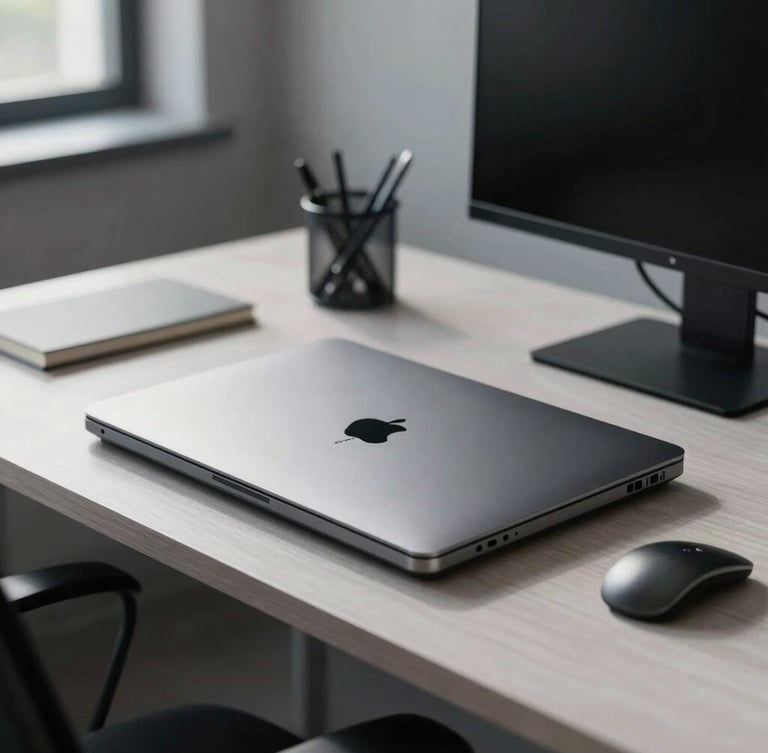 Crisp daylight shot of a high-fidelity digital mockup on a modern workspace desk, sharp architectural lines, cool undertones, no people.