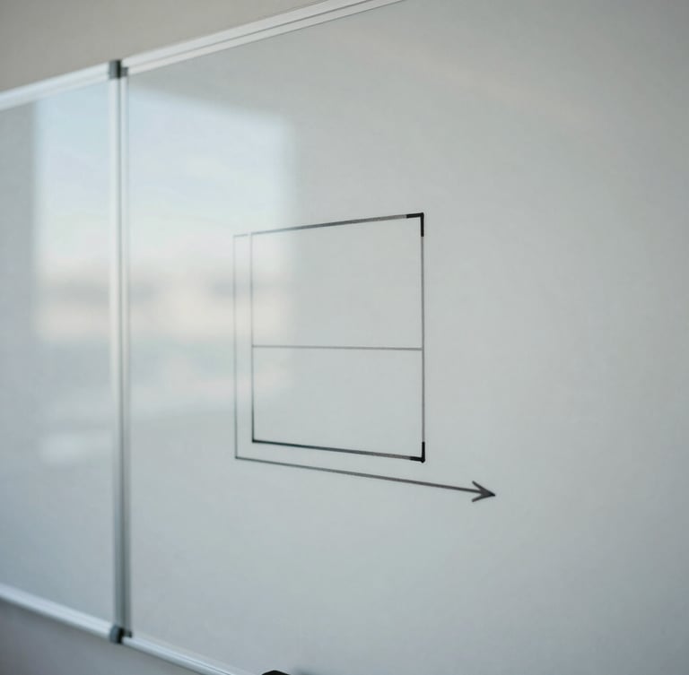 Close-up of a collaborative whiteboard with clean minimalist diagrams, soft overcast daylight, muted charcoal tones, 35mm