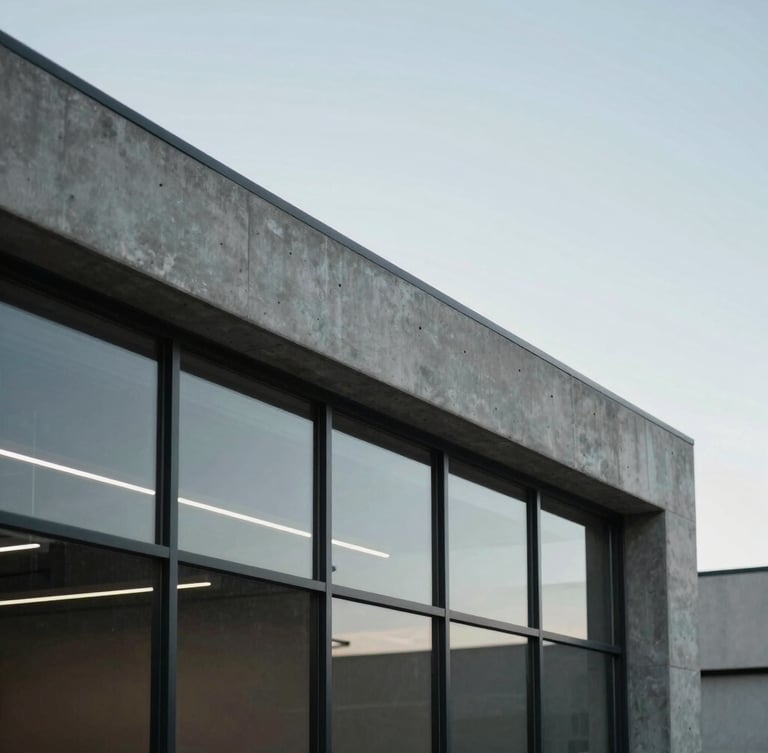 Architectural details of modern Utah workspaces, soft overcast daylight, clean concrete lines and steel frames, minimalist composition, 35mm