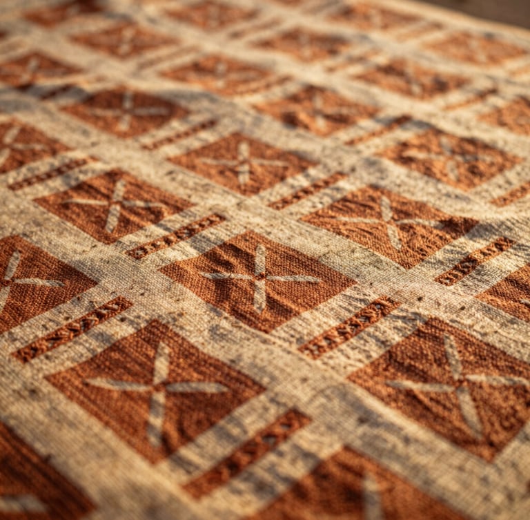 Close-up of traditional Sahelian hand-woven textile with geometric terracotta patterns, warm golden hour light, shallow depth of field, 35mm photography