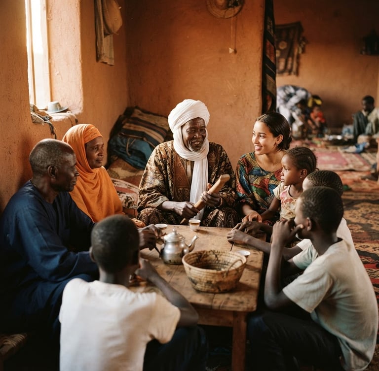 A warm editorial medium shot of Zaghawa elders and youth gathered around a table, soft golden hour light filtering through a window, rich terracotta tones, 35mm photography