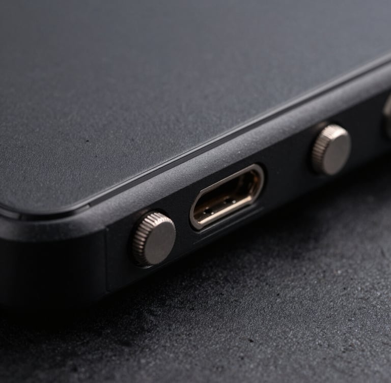 Extreme close-up macro shot of a ruggedized matte black phone edge with exposed physical ports and knurled steel security switches, dramatic side-lighting, high-contrast dark slate tones