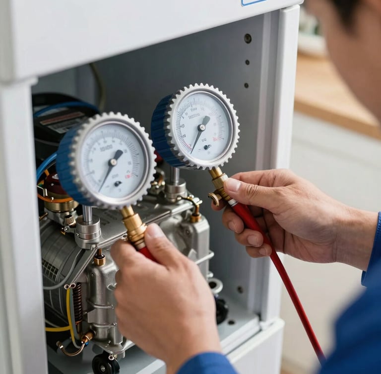 Close-up of a professional technician's hands using a digital manifold gauge to check pressure on a refrigerator compressor, bright natural kitchen lighting, clean tools.