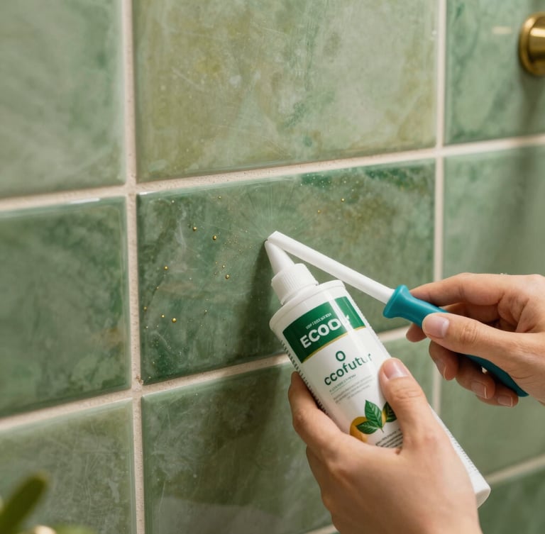 Close-up of hands applying eco-friendly waterproofing sealant to a bathroom joint, precise application, clean tools, natural soft daylight.