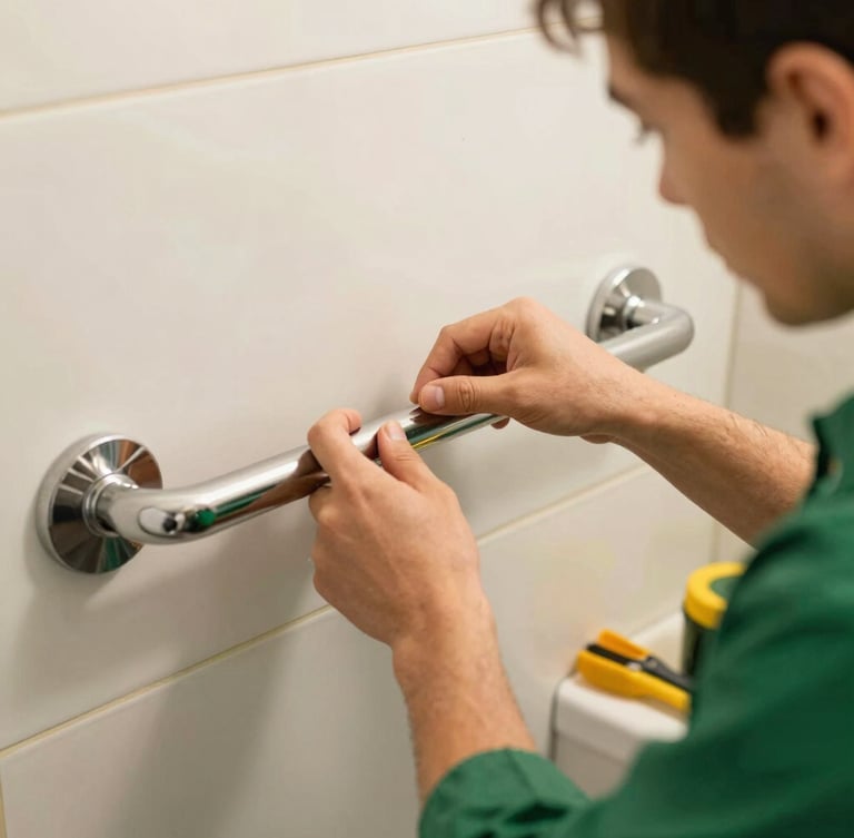 Close-up of a professional technician installing a sturdy metal grab bar on a bathroom wall, warm lighting, focused hands, clean tools nearby
