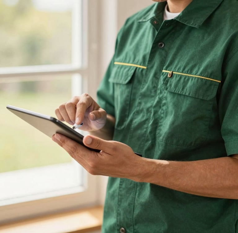 Close-up of a professional technician in a clean dark green uniform holding a tablet, showing a property maintenance schedule, warm natural light, shallow depth of field