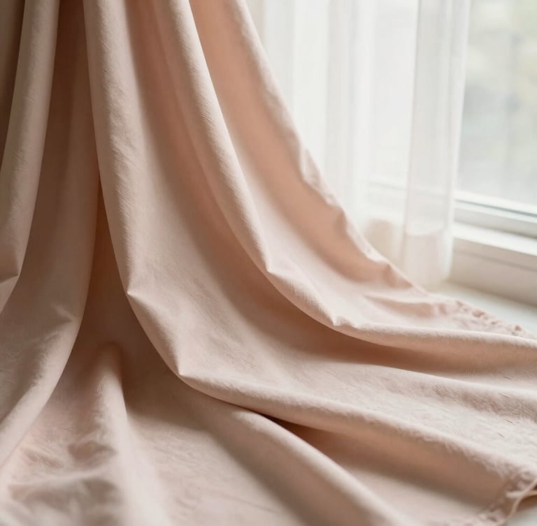Warm editorial photography of soft blush cotton fabric draped elegantly under diffused natural window light, shallow depth of field, 35mm
