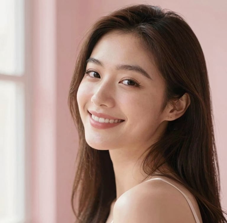 Soft warm editorial portrait of a woman smiling, natural window light, blush pink background, minimal aesthetic, shallow depth of field, 35mm