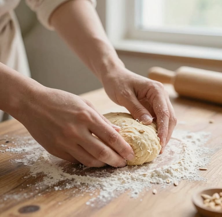 Hands gently kneading oat dough on a rustic wooden table, flour dust in the warm window light, close-up shot, shallow depth of field