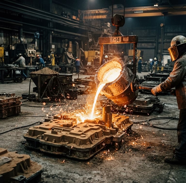 Sharp industrial photography of a massive metal casting foundry floor, molten aluminium pouring into a gate mold, high-contrast workshop lighting, warm orange sparks, 35mm