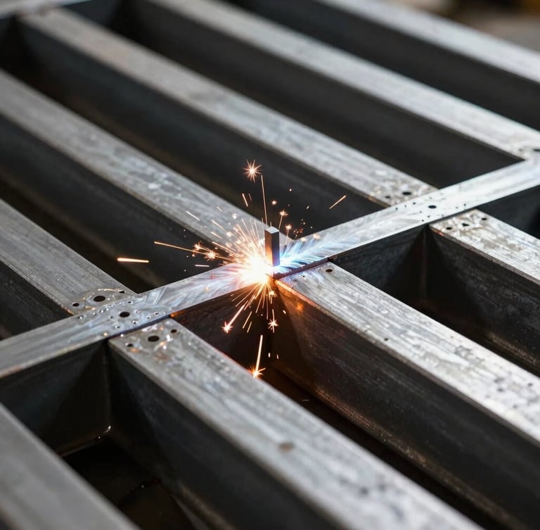 Close-up of industrial steel beams welded with millimetric precision, high-contrast workshop lighting with warm amber sparks