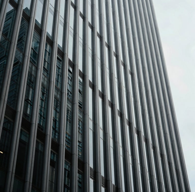 Abstract geometric lines of a modern corporate skyscraper facade, sharp architectural shadows, cool diffused daylight, high-end editorial framing.