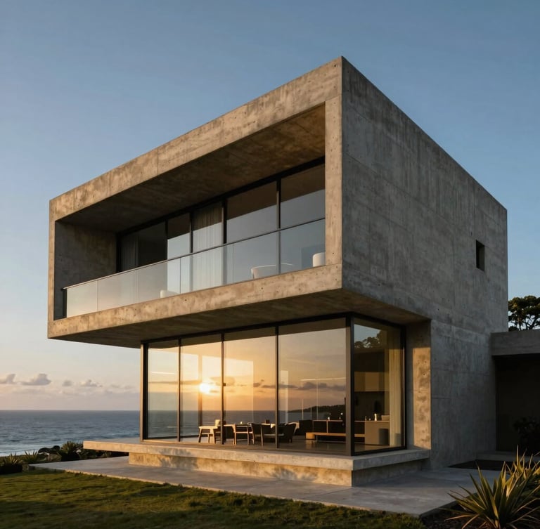Dramatic low-key architectural shot of a brutalist luxury concrete villa in Joá, golden hour light reflecting off a glass facade, ocean view