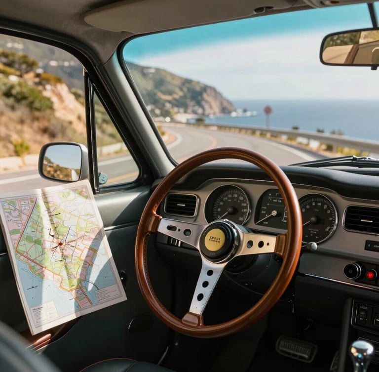 A dashboard of a vintage car parked overlooking a scenic coastal highway, a physical map open on the wheel, warm daylight, cinematic framing