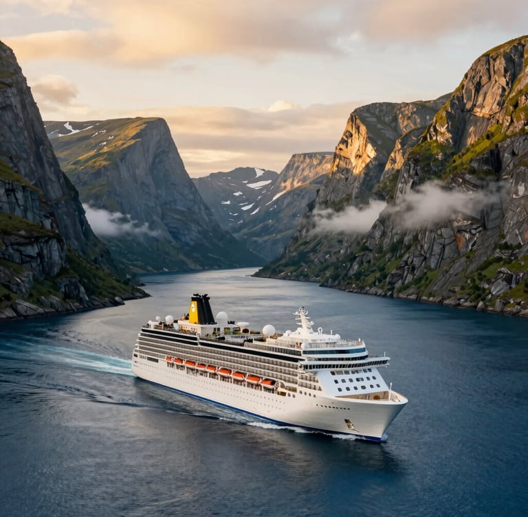 Cinematic wide-angle shot of a cruise ship sailing into a golden hour fjord in Norway, deep blue water, towering green cliffs, soft mist.