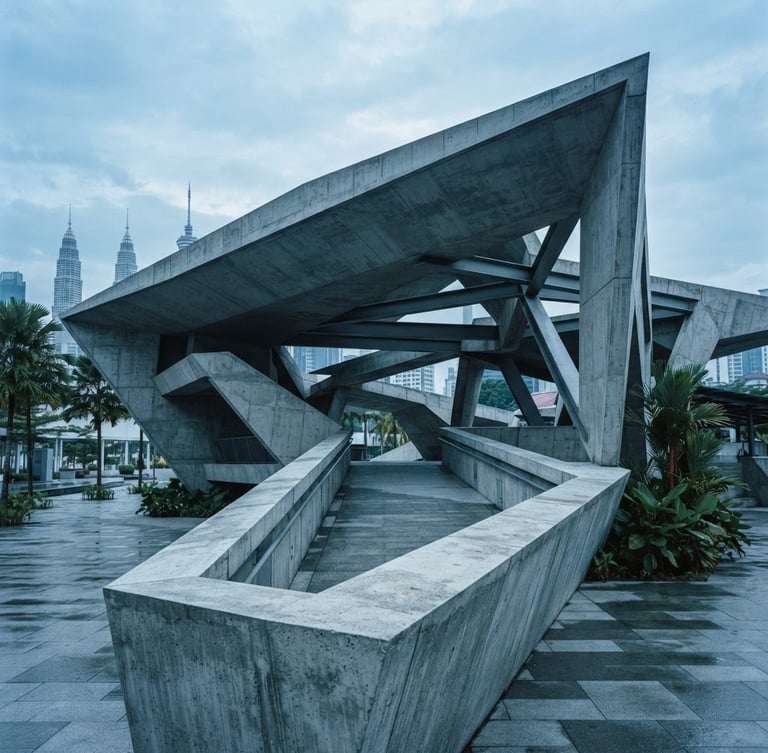 Architectural detail of a modern civic pavilion in Kuala Lumpur, sharp concrete angles, cool morning overcast light, desaturated blue tones, 35mm lens