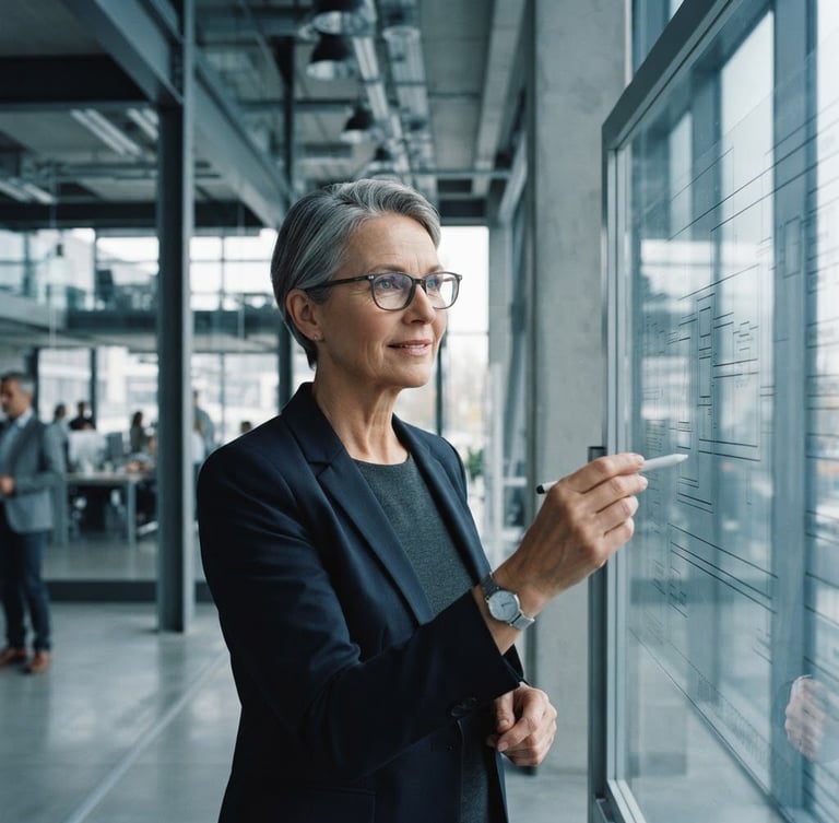 Close-up of a senior technical advisor in deep focus, cool natural daylight, desaturated blue and slate tones, architectural framing, 35mm lens